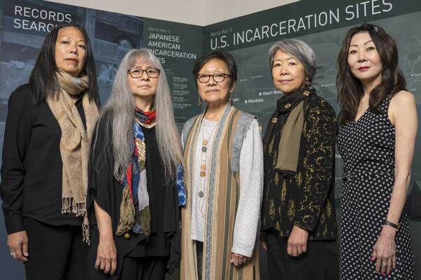 Photo of 5 women standing in front of a map labeled U.S. Incarceration Sites