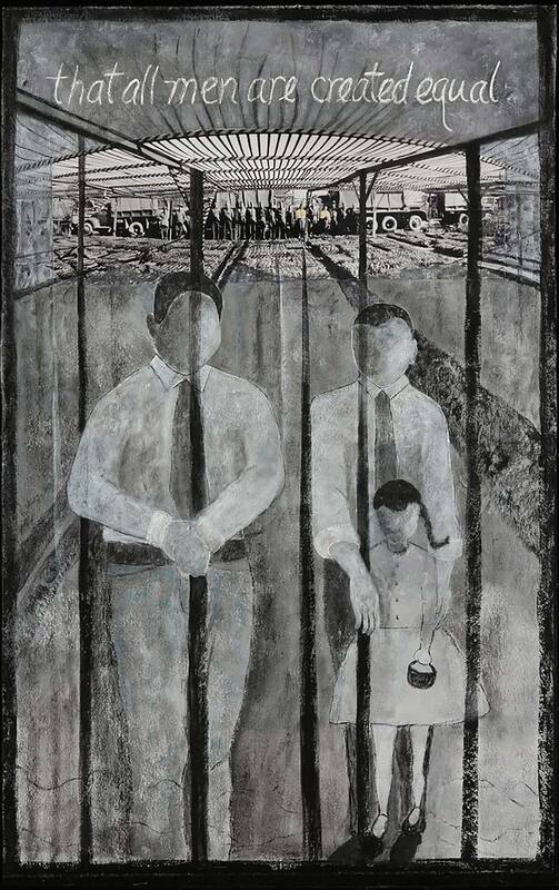 Painting of three figures behind bars